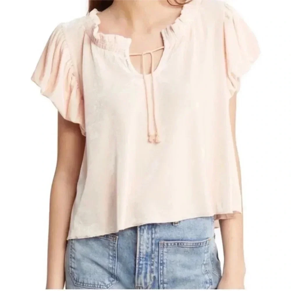 Free People Terese Velvet Top XS velour light pink ruffle puff smock Tee